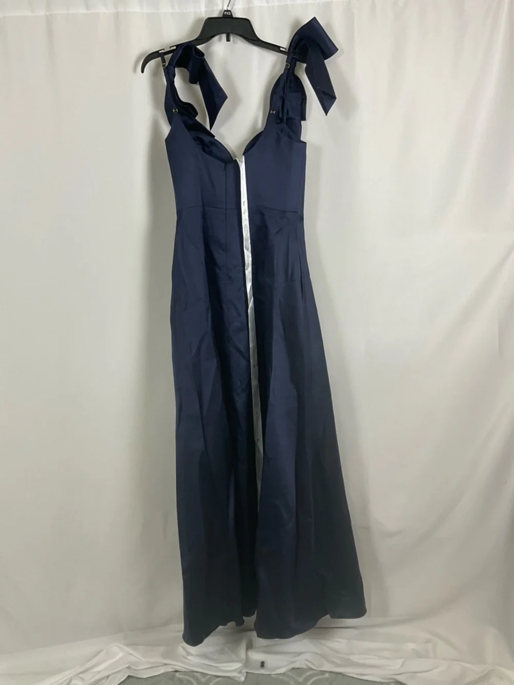 ALFRED SUNG Midnight Navy Satin V-Neck Maxi Gown with Shoulder Bows - Picture 3 of 5